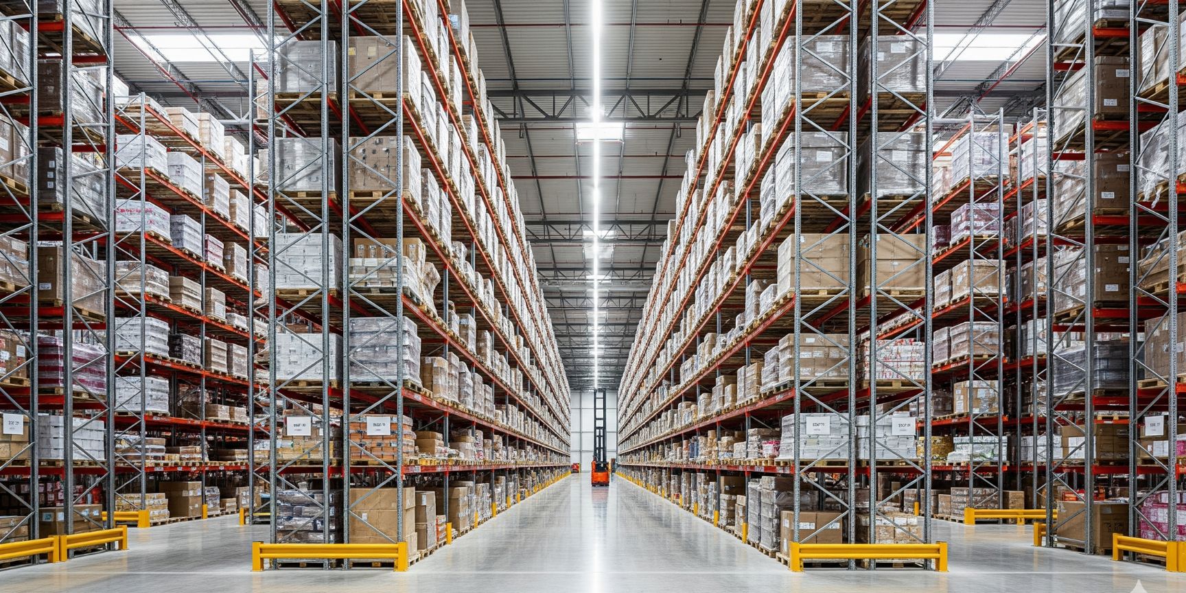 Modernes Hochregallager einer Logistikimmobilie mit langen Gängen, in denen Palettenstellplätze zur systematischen Wareneinlagerung genutzt werden.